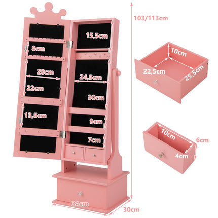 Kids Jewelry Armoire With Full-Length Mirror, Drawers, Pink