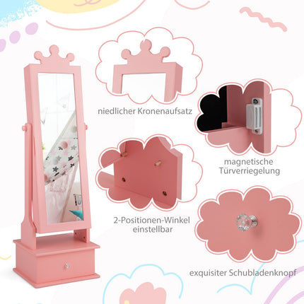 Kids Jewelry Armoire With Full-Length Mirror, Drawers, Pink
