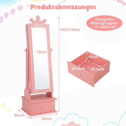 Kids Jewelry Armoire With Full-Length Mirror, Drawers, Pink
