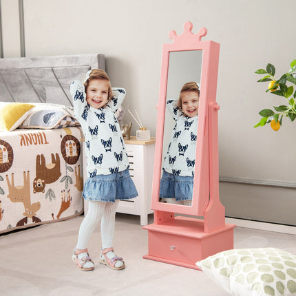 Kids Jewelry Armoire With Full-Length Mirror, Drawers, Pink