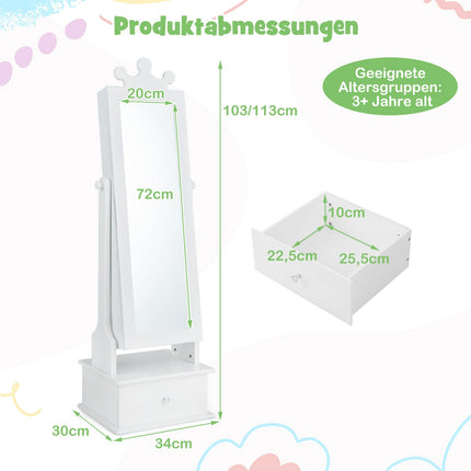 Kinderschmuckschrank mit Ganzkörperspiegel, Schubladen, Rosa/Weiß