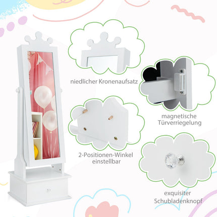 Kinderschmuckschrank mit Ganzkörperspiegel, Schubladen, Rosa/Weiß