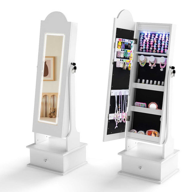 Kinderschmuckschrank mit Spiegel und LED-Beleuchtung, Weiß
