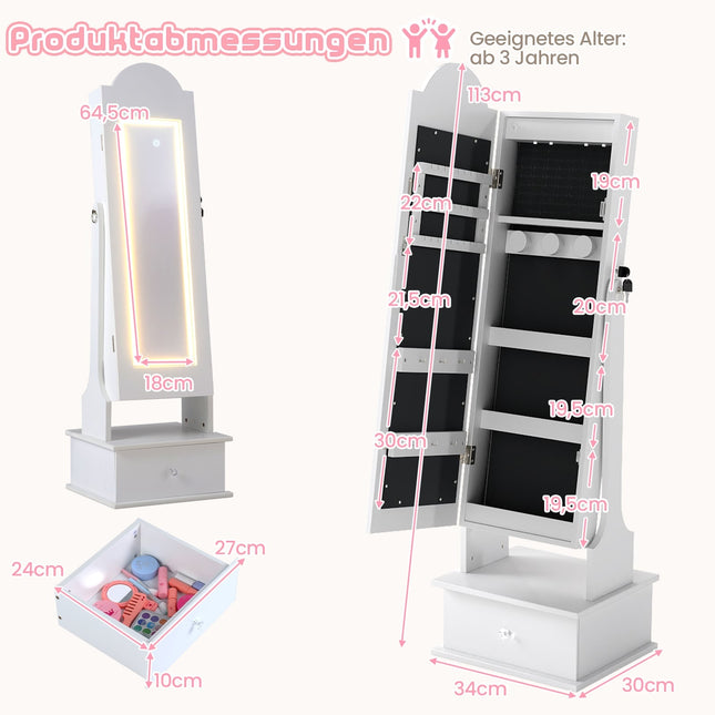 Kinderschmuckschrank mit Spiegel und LED-Beleuchtung, Weiß