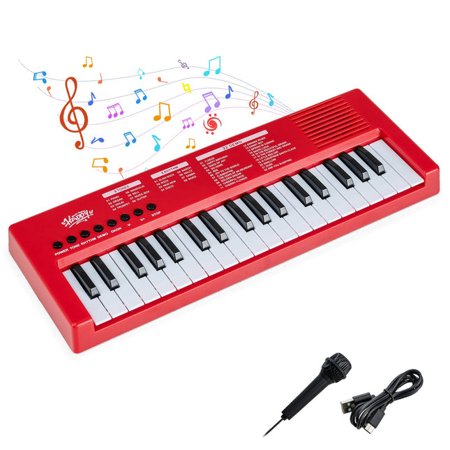 Kinder Keyboard Klavier, 37 Tasten, 8 Rhythmen, Rot, mit Mikrofon