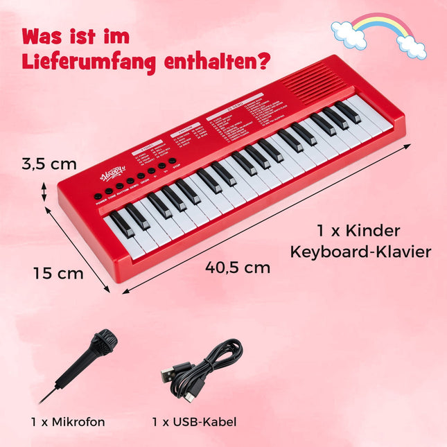 Kinder Keyboard Klavier, 37 Tasten, 8 Rhythmen, Rot, mit Mikrofon