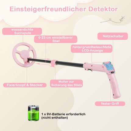 Kinder-Metalldetektor, verstellbar 62–85 cm, LCD, Pink