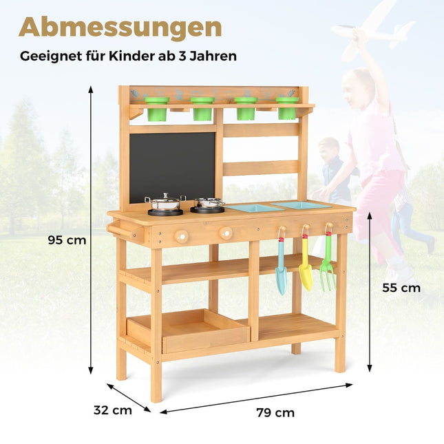 Matschnische für Kinder mit Kreidetafel, Wasserhahn und Pflanzgefäßen
