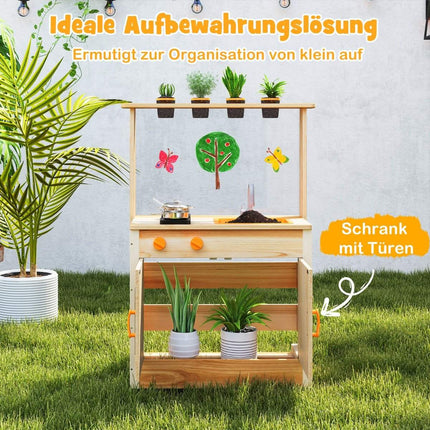 Kinder-Schlammküche mit Blumentöpfen, Kochgeschirr und Herden, Spielküchen-Spielset aus Holz
