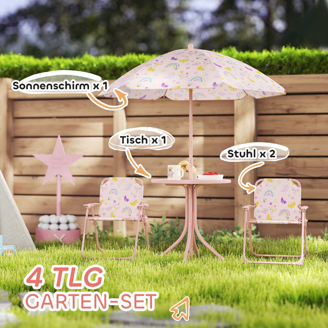 Kinder-Gartenmöbel-Set mit Sonnenschirm – Rosa, klappbar