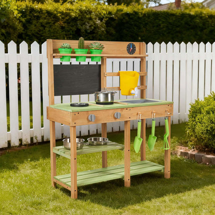 Kids Outdoor Mud Kitchen, Fir Wood, Sink, Faucet, 2 Stoves