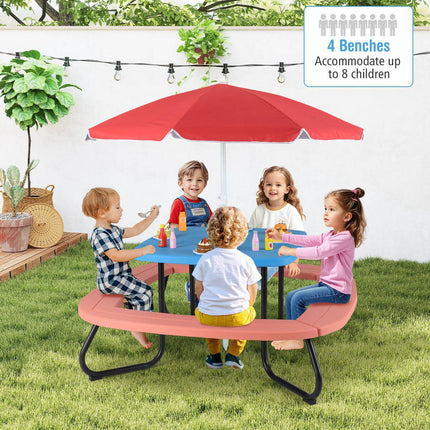 Picknicktisch-Set für Kinder, 8 Sitzplätze, verstellbarer Sonnenschirm