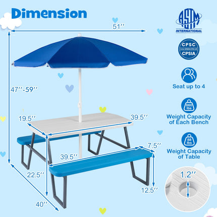 Picknicktisch-Set für Kinder mit verstellbarem Sonnenschirm, Blau