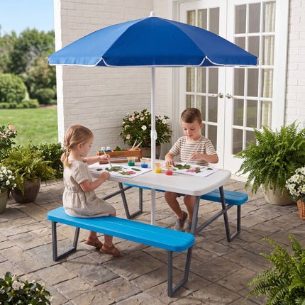 Picknicktisch-Set für Kinder mit verstellbarem Sonnenschirm, Blau