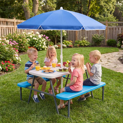 Picknicktisch-Set für Kinder mit verstellbarem Sonnenschirm, Blau