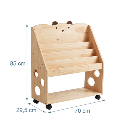 Kids' Pine Wood Bookcase with Castors, Natural Finish