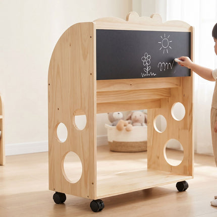 Kids' Pine Wood Bookcase with Castors, Natural Finish