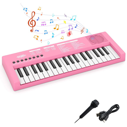 Kids' Pink Keyboard Piano, 37 Keys, 8 Rhythms, USB & Battery