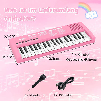 Kids' Pink Keyboard Piano, 37 Keys, 8 Rhythms, USB & Battery