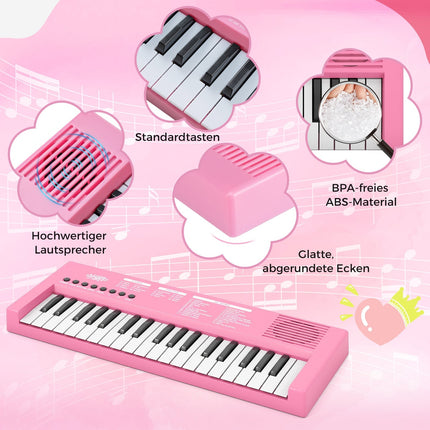 Kids' Pink Keyboard Piano, 37 Keys, 8 Rhythms, USB & Battery
