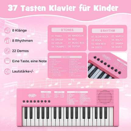 Kids' Pink Keyboard Piano, 37 Keys, 8 Rhythms, USB & Battery