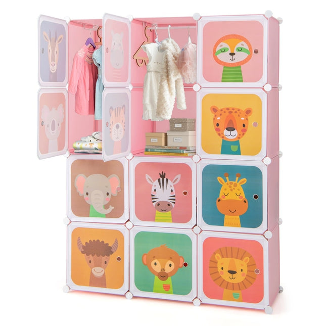 Kinder-Kunststoffkleiderschrank mit 12 Würfeln und Türen, Rosa