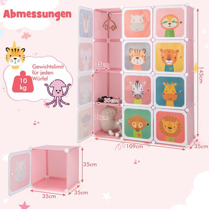 Kinder-Kunststoffkleiderschrank mit 12 Würfeln und Türen, Rosa