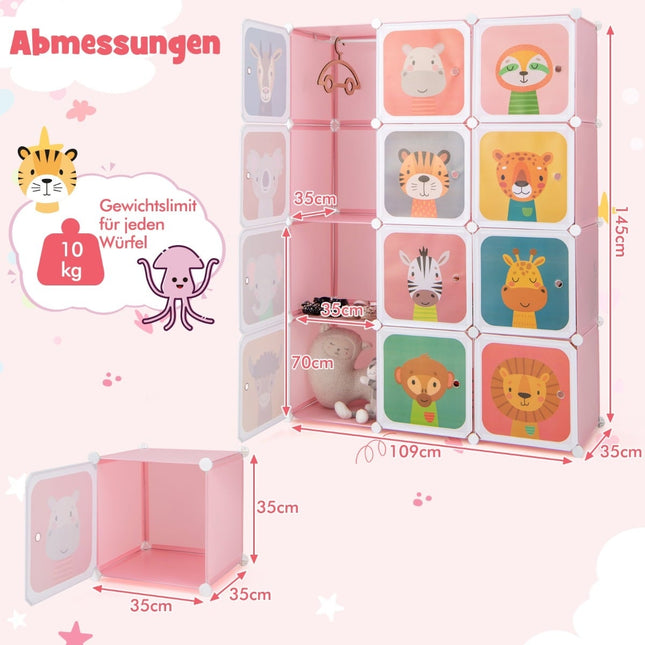 Kinder-Kunststoffkleiderschrank mit 12 Würfeln und Türen, Rosa