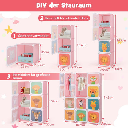 Kinder-Kunststoffkleiderschrank mit 12 Würfeln und Türen, Rosa