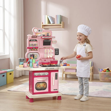 Kids Play Kitchen 33-Piece Set with Lights and Sounds, Water Sink, Oven, Pink
