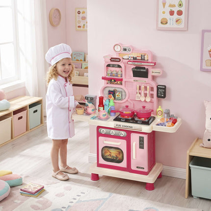 Kids Play Kitchen 33-Piece Set with Lights and Sounds, Water Sink, Oven, Pink