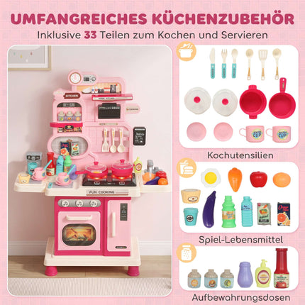 Kids Play Kitchen 33-Piece Set with Lights and Sounds, Water Sink, Oven, Pink