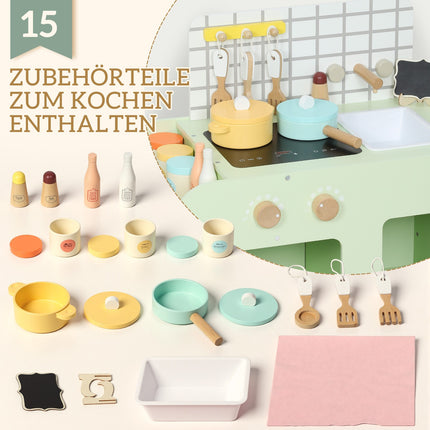 Kids Play Kitchen Set, MDF, 15 Accessories, Green, 40 cm