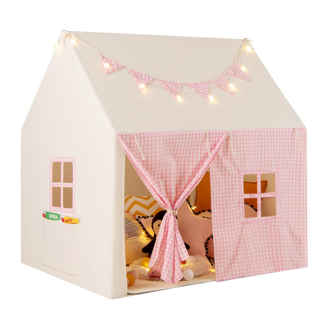 Kinder Spielzelt mit Matte, Lichtern und Wimpelkette – Rosa