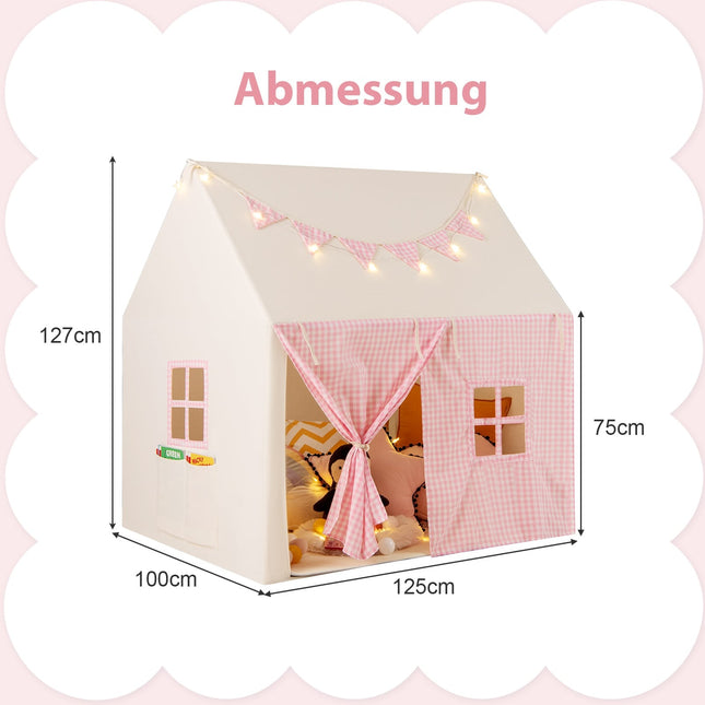 Kinder Spielzelt mit Matte, Lichtern und Wimpelkette – Rosa