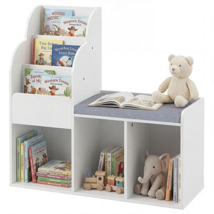 Kids Reading Nook Bench Bookcase, 3 Cubbies, White