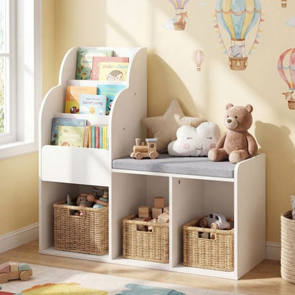 Kids Reading Nook Bench Bookcase, 3 Cubbies, White