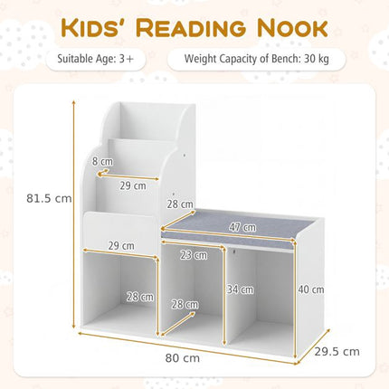 Kids Reading Nook Bench Bookcase, 3 Cubbies, White