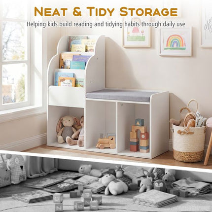 Kids Reading Nook Bench Bookcase, 3 Cubbies, White