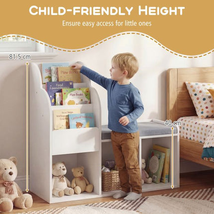Kids Reading Nook Bench Bookcase, 3 Cubbies, White