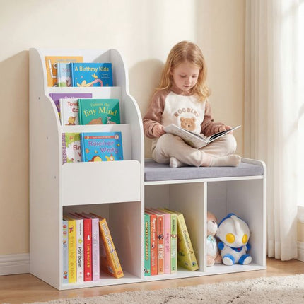 Kids Reading Nook Bench Bookcase, 3 Cubbies, White