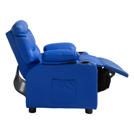 Kids Recliner Chair, PU Leather, Cup Holders, Footrest, Blue