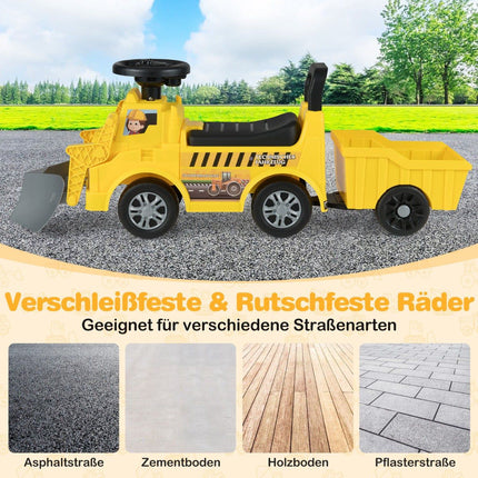 Kinder-Aufsitzauto mit Anhänger und Schaufel, Gelb, Stauraum