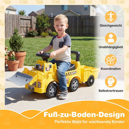 Kinder-Aufsitzauto mit Anhänger und Schaufel, Gelb, Stauraum