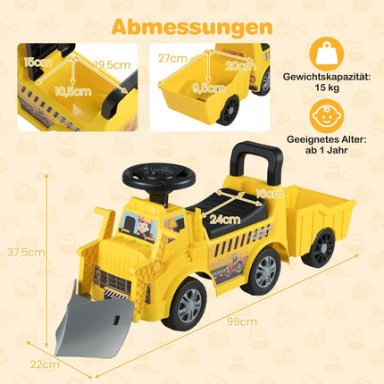 Kinder-Aufsitzauto mit Anhänger und Schaufel, Gelb, Stauraum