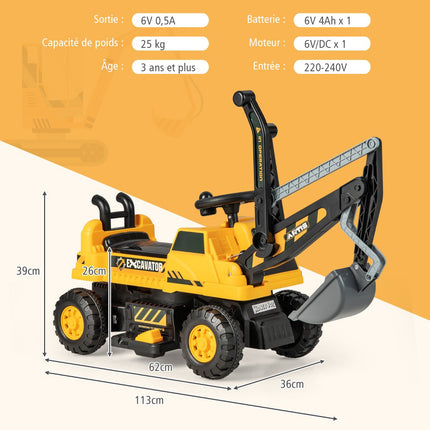 Kids Ride-On Excavator 6V, Rotating Seat, Music