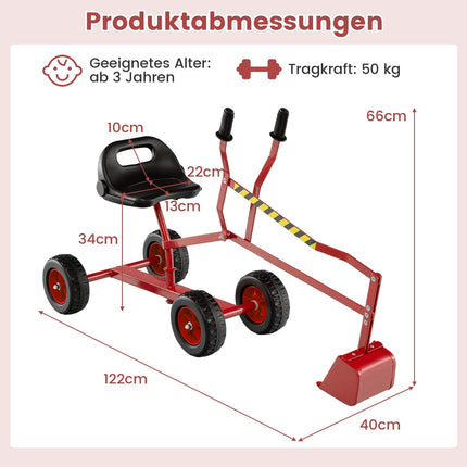 Kinder-Aufsitzbagger mit um 360° drehbarem Sitz, Rot
