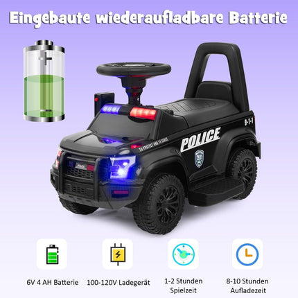 Kinder-Aufsitz-Polizeiauto mit Megafon, 6V Batterie, Schwarz