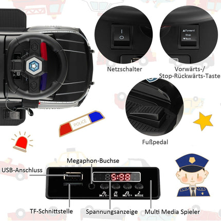 Kinder-Aufsitz-Polizeiauto mit Megafon, 6V Batterie, Schwarz