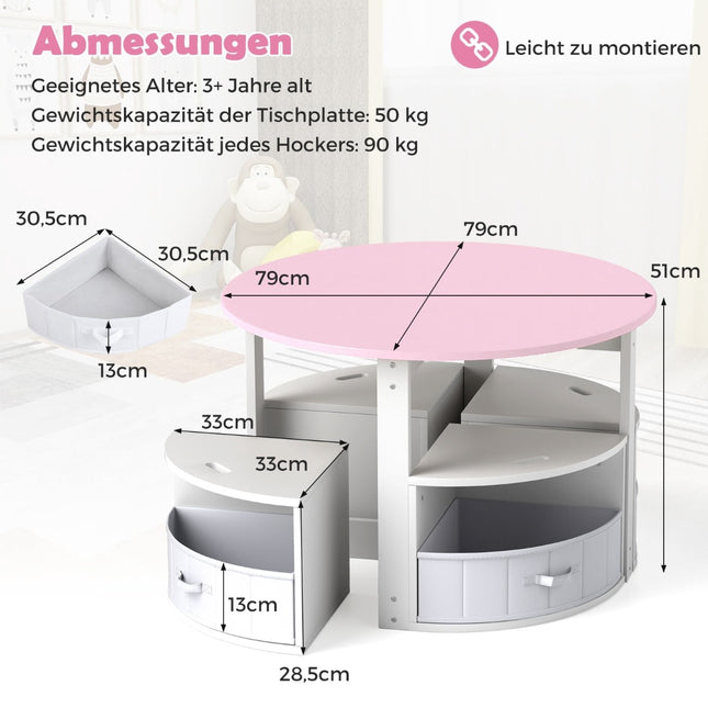 Kindersitzgruppe mit 4 Hockern und Stauraum, Rosa